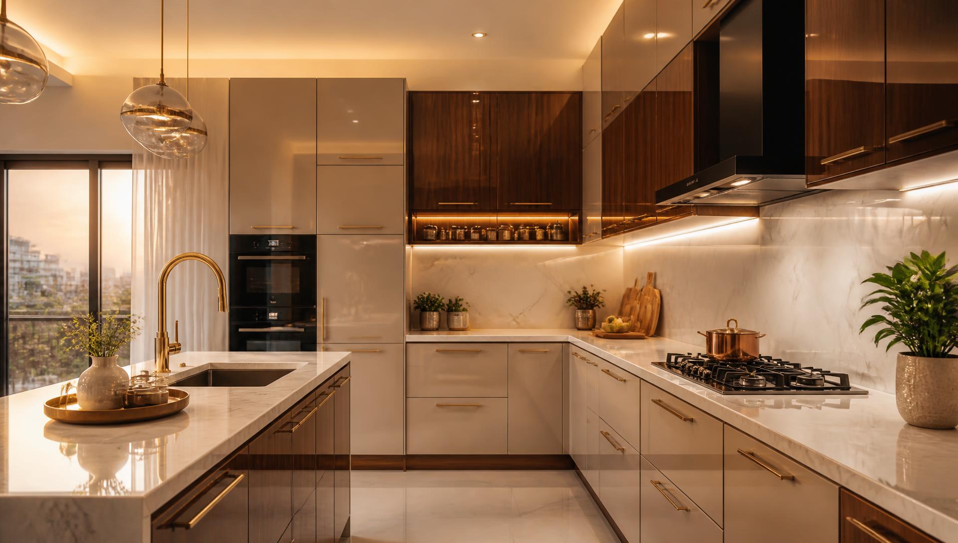 Premium modular kitchen with walnut cabinetry and marble counters by S.S. WoodCraft